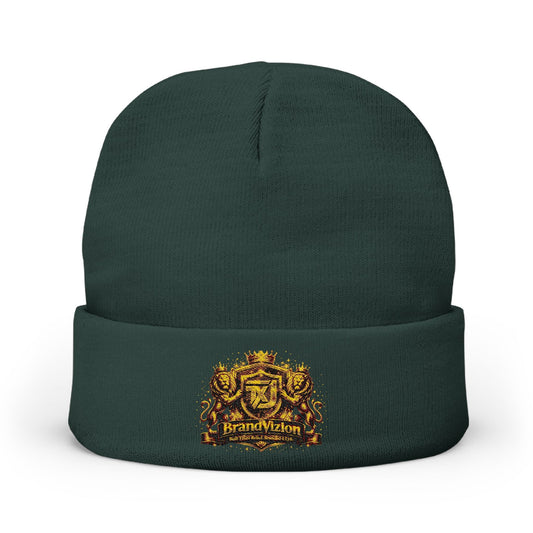 BrandVizion Collection Embroidered Crest Knit Beanie — Gold Heraldry Winter Hat - BrandVizion